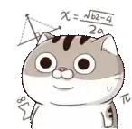 a cartoon cat is standing next to a triangle and a math problem on its head .