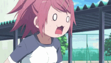 a girl with pink hair making a surprised face