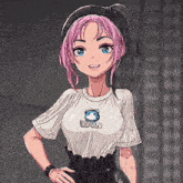a girl with pink hair is wearing a white shirt with a cat on it