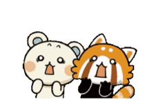 a cartoon bear and a red panda are standing next to each other .