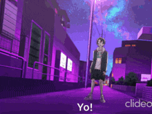 a cartoon character is standing on a purple street with the words yo on the bottom right