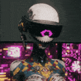 a person with a helmet on has a purple eye on their head