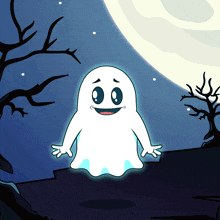 a cartoon ghost is smiling in front of a full moon and trees
