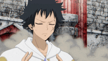 a cartoon character with a white hoodie and black hair