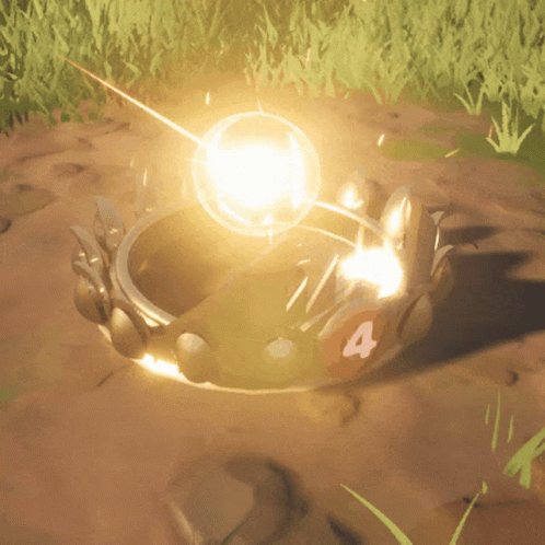 A gif of a golden crown with fiery sparks and gleaming reflections placed in a clearing in the video game grass.. The crown has the number 4 on it. 