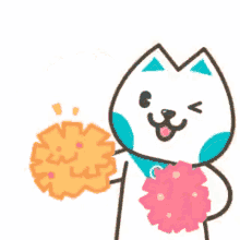 a cartoon cat is holding a bunch of pom poms in his hand .