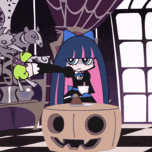 a cartoon character is sitting at a table with a pumpkin on it
