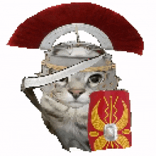 a pixelated image of a cat wearing a roman helmet and holding a shield