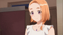 a girl with orange hair and purple eyes is wearing a white tank top