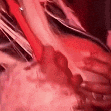 a close up of a person 's hands holding a red object .
