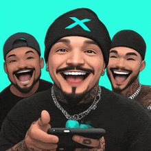 a man wearing a beanie with a blue x on it