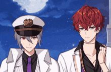 two anime characters standing next to each other with a full moon behind them