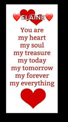 a sign that says elaine you are my heart my soul my treasure my today my tomorrow my forever my everything with red hearts