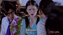 a man talks to a woman with the word perasan on the bottom of the screen