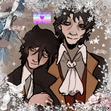 a drawing of two men with flowers and a transgender flag in the background