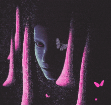 a pixelated image of a woman with a butterfly on her eye