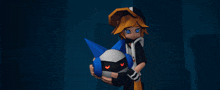 a cartoon character with blue eyes is holding a red object