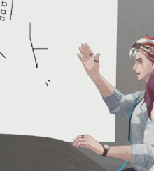 a man in a white shirt and tie is sitting in front of a white board with a graph on it