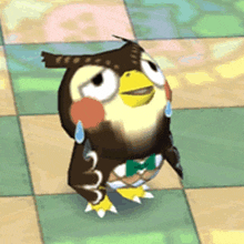 a cartoon owl with a bow tie is standing on a tiled floor .