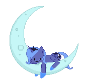 a pixel art drawing of a pony sleeping on a crescent moon