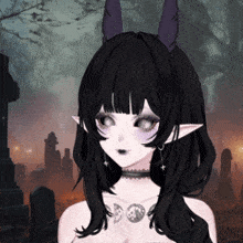 a girl with purple horns and a choker is in a cemetery