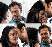 a man and a woman are looking at each other and smiling