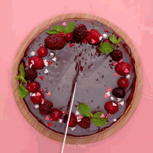 a chocolate cake with berries and mint leaves on a pink background