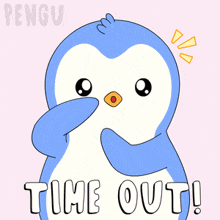 a blue and white penguin with the words time out written below it