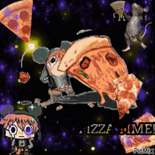 a cartoon drawing of a mouse eating a slice of pizza