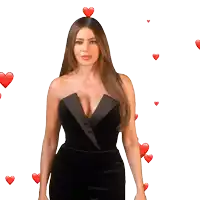 a woman in a black dress is surrounded by red hearts on a white background