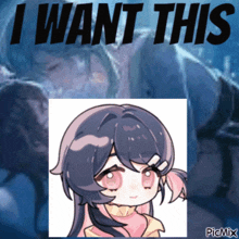 a picture of a girl with the words " i want this " above her