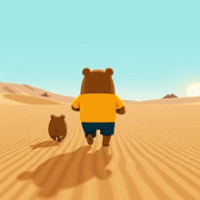 a teddy bear in a yellow shirt and blue shorts is running through a desert