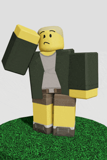 a cartoon character with a sad face is standing on a grass covered field