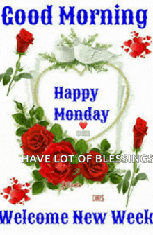 a good morning message with red roses and a heart