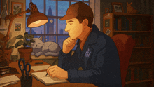 a man sits at a desk in front of a bookshelf that says " sherlock " on it