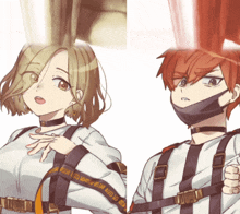 a boy and a girl are standing next to each other with one wearing a mask and the other wearing a choker