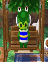 a green alligator is sitting on a wooden swing in a video game