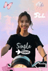 a girl wearing a single and cool shirt