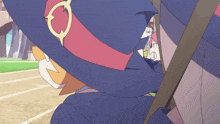 a cartoon character wearing a hat with a red ribbon