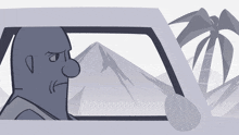 a cartoon drawing of a man in a car looking out the window