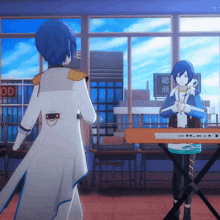 two anime characters are standing next to each other in front of a window with a sign that says od on it