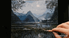 a painting of a lake with mountains in the background is made in animatica