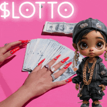 a girl with red nails is holding a stack of money in front of a pink background that says $ lotto