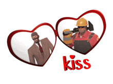a couple of hearts with a man in a mask and the word kiss