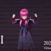 a girl with pink hair stands in front of a sign that says virtual