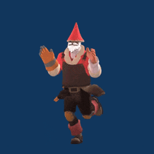 a gnome wearing a red hat and overalls is dancing