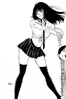 a black and white drawing of a girl in a school uniform standing next to a chainsaw .