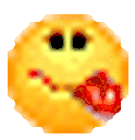 a yellow smiley face with a red heart in its mouth