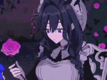 a girl with long black hair is holding a purple rose
