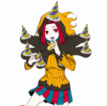 a girl with red hair is wearing a party hat and holding a can